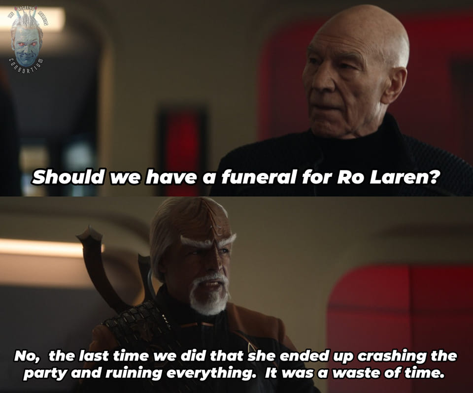 This meme is a joke about a hypothetical funeral for the character Data from Star Trek: The Next Generation. The image shows two characters from the show, Jean-Luc Picard and Data, with a caption that reads: "In the event of my death, I want to be buried with a Data- themed eulogy and a funeral cake that says 'Live Long and Prosper'".